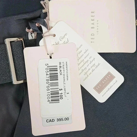 Ted Baker Black V-Neck Jumpsuit Size 1 Sparkle Ossia Pant Trim Strappy - Picture 12 of 12